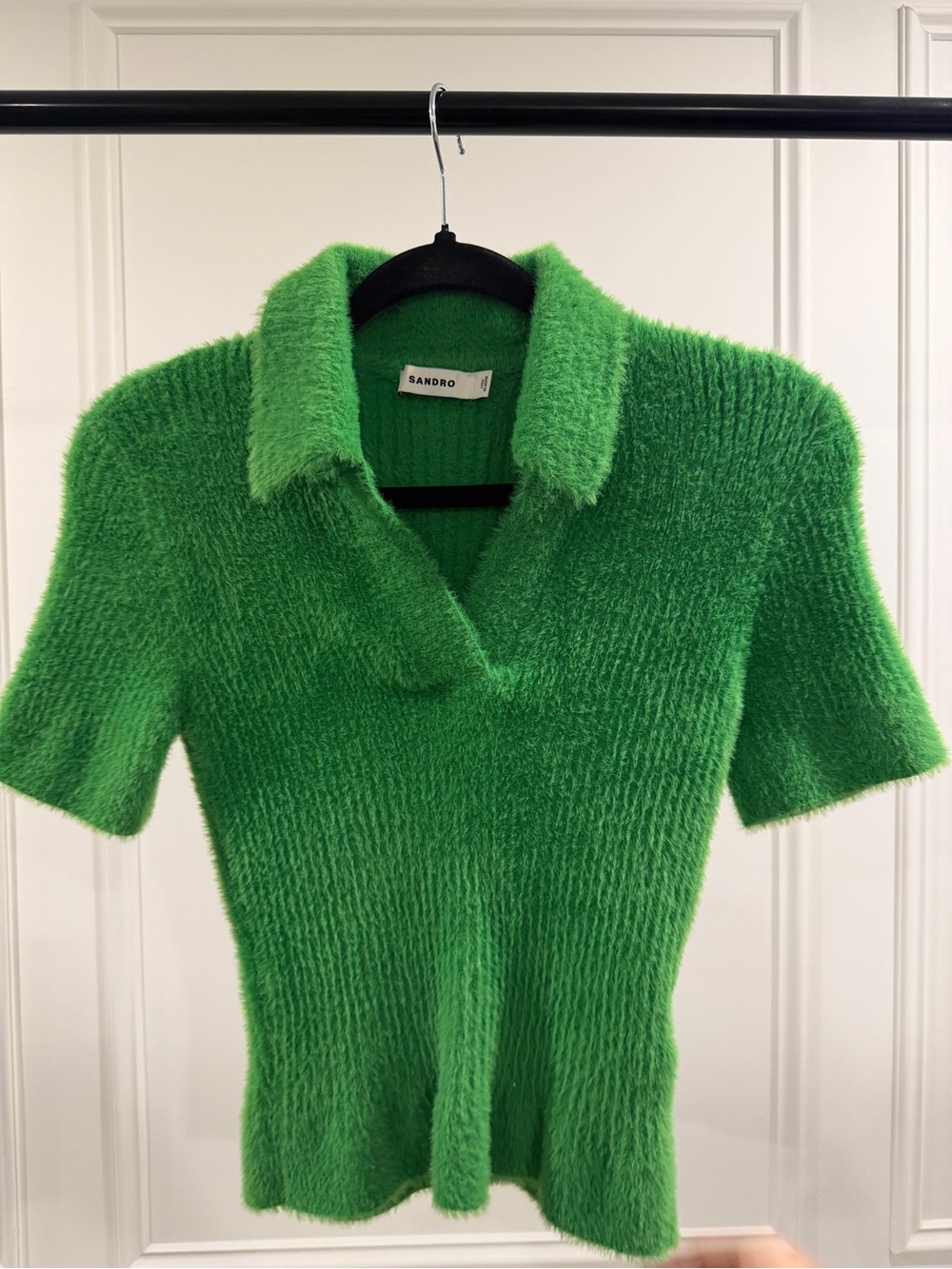 Sandro Vibrant Green Fuzzy Short-Sleeve V-Neck Sweater